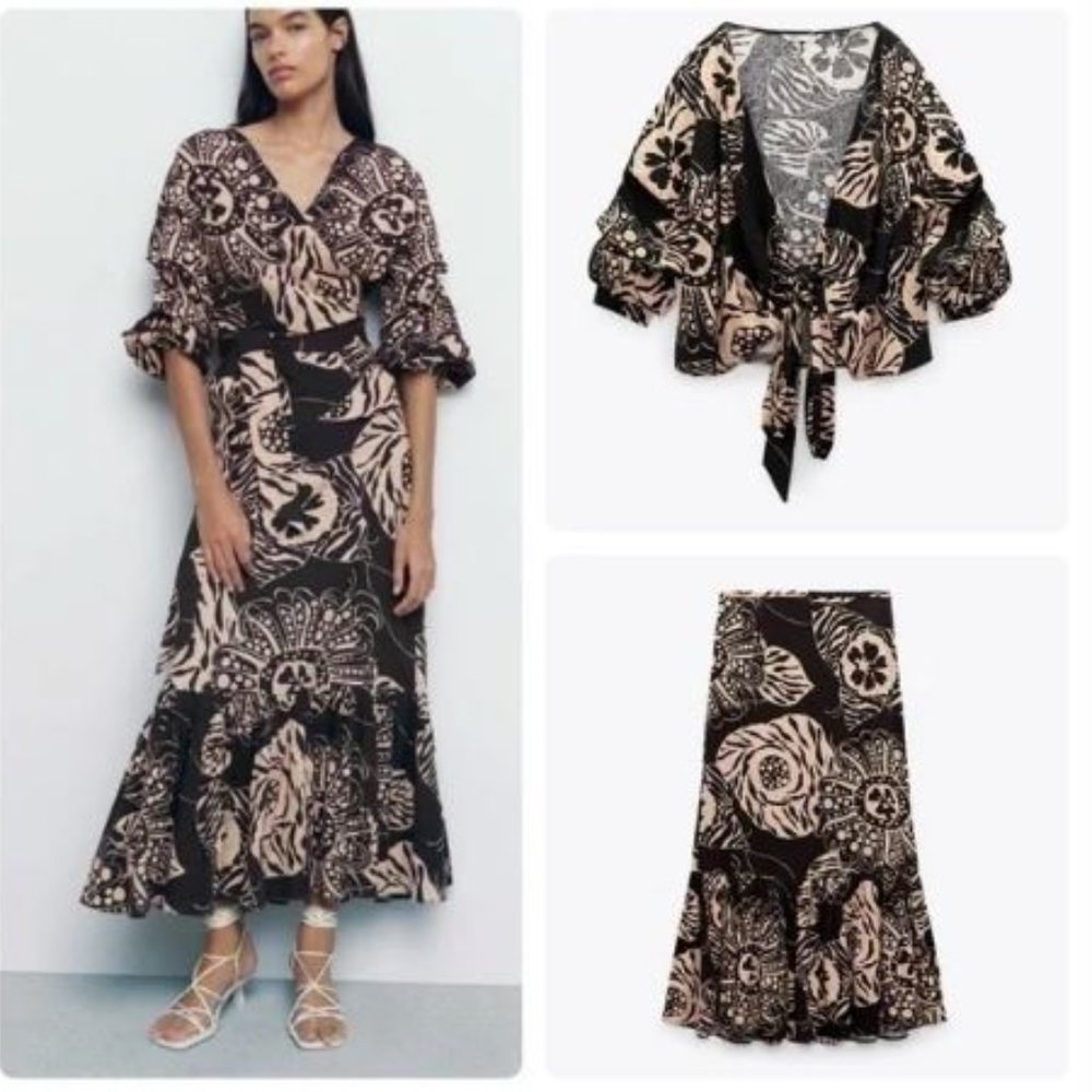 Zara 2 piece set linen blend skirt and wrap top, NWT